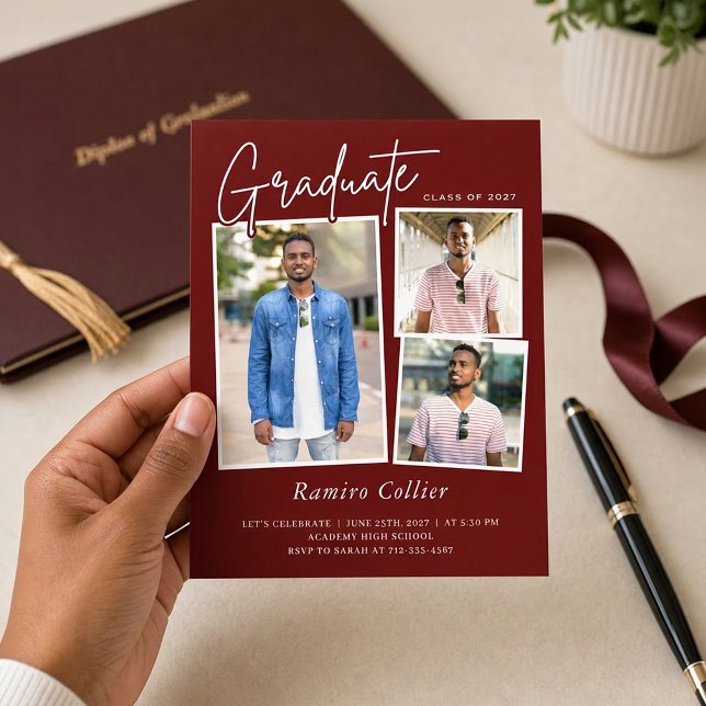 Convite de Graduação com Três Fotos Vermelho Escar (Criador carregado)