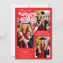 Convite de Graduação de 3 Fotos da Turma Vermelha
