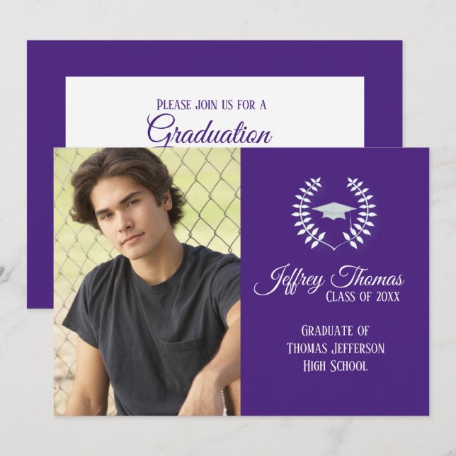 Convite de Graduação de Tampa e Folhas Roxo 5" x 7 (Frente/Verso)