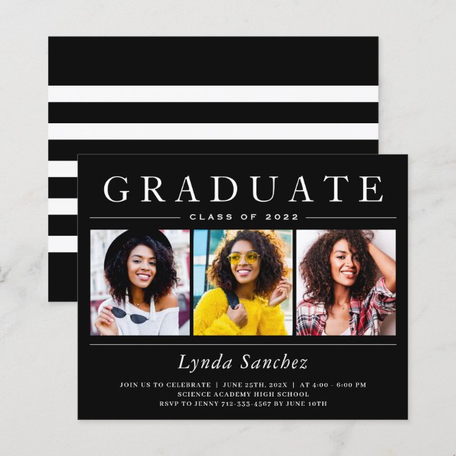 Convite de Graduação de Três Fotos Listrado Preto  (Frente/Verso)