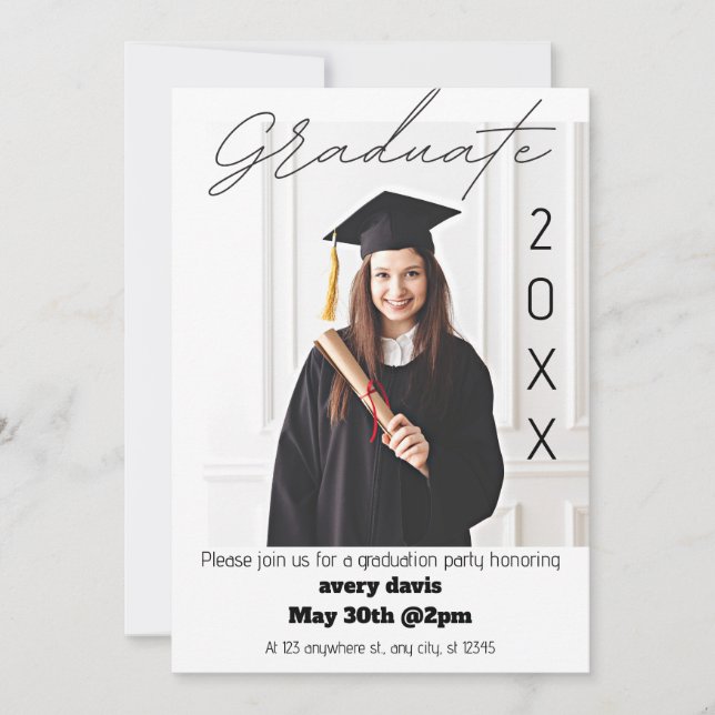 Convite de Graduação Simples com Foto Branco 20XX (Frente)