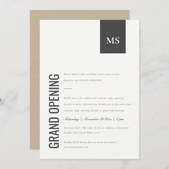 Convite de grande abertura para monograma de negóc (Frente/Verso)