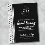 Convite de grande abertura para sua empresa de log<br><div class="desc">Um convite divertido, mas simples, preto e branco para uma grande abertura de negócios ou um evento de marca ou lançamento de produtos. Adicione o seu próprio logotipo ao topo para lhe dar a sua marca. Padrões florais brancos e negros bonitos de lado para um sotaque fofo. Você pode mudar...</div>