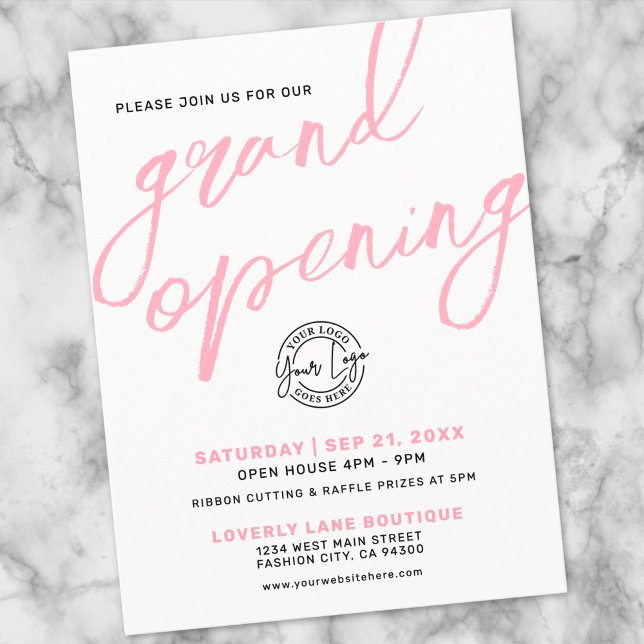 Convite de Grande Inauguração de Negócios com Logo (Modern Pink Logo Business Grand Opening Invitation Postcard)