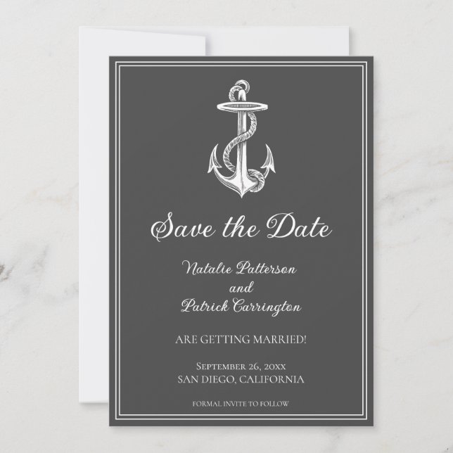 Convite de Gray Nautical Anchor para Salvar a Data (Frente)