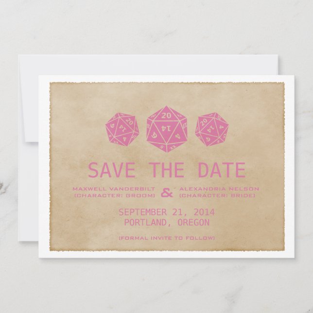 Convite de Grunge Rosa D20 Save the Date para Joga (Frente)