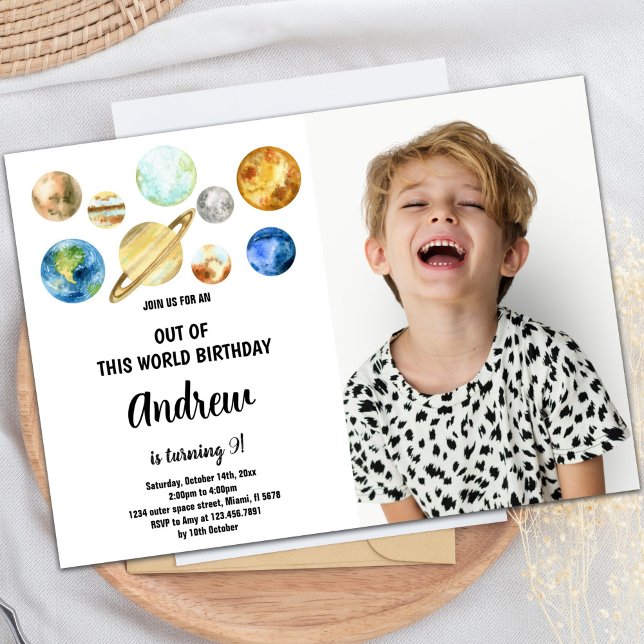 Convite de Grupo de Espaço Exterior Personalizado (Out of this world planets Birthday Invitations pho)