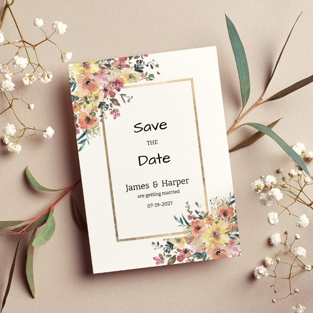 Convite de Guarda de Data floral rosa laranja dour (Watercolor pink orange gold floral Save the Date)
