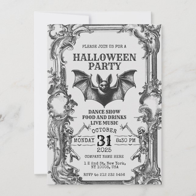 Convite de Halloween Antigo com Esqueletos & Morce (Frente)