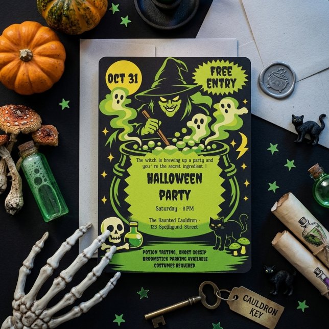 Convite de Halloween Caldeirão de Bruxa Verde (Criador carregado)