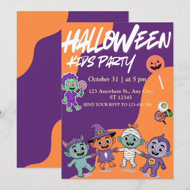 Convite de Halloween Colorido para Crianças com Mo (Frente/Verso)