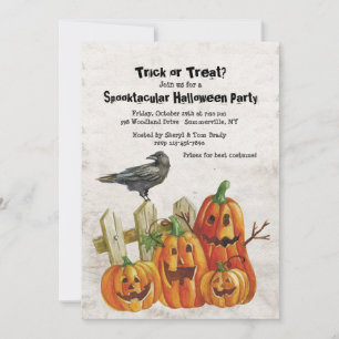 Convite de Halloween com Abóboras e Corvo em Aquar