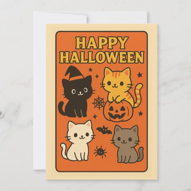 Convite de Halloween com Gatos Retro Kawaii (Frente)