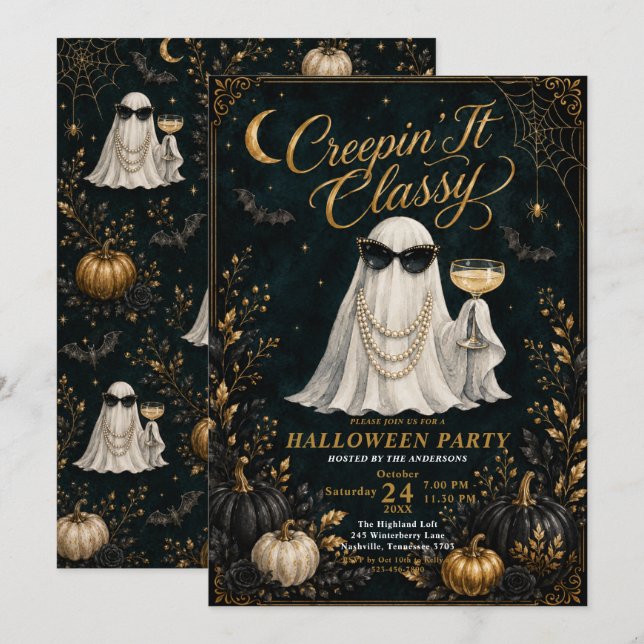 Convite de Halloween 'Creepin’ It Classy' (Frente/Verso)