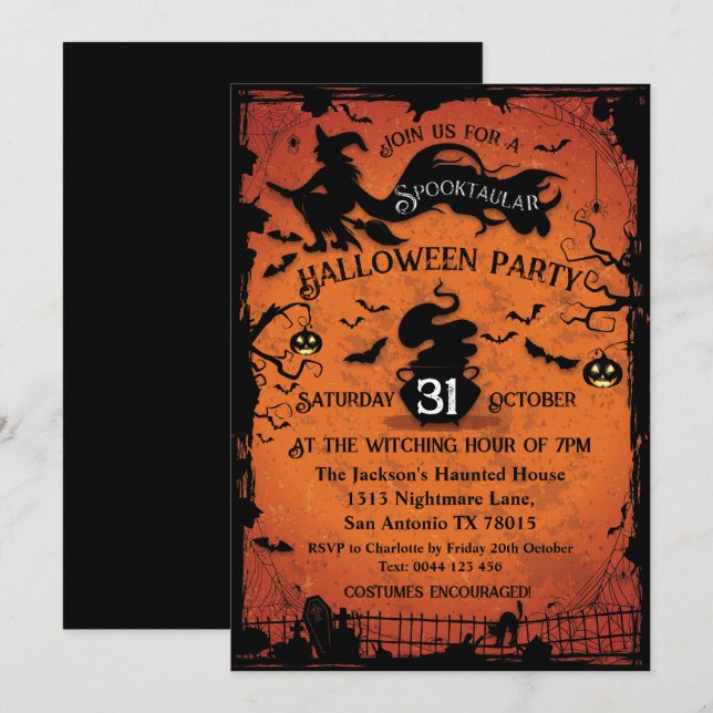 Convite de Halloween de Bruxa e Morcegos Espetacul (Frente/Verso)
