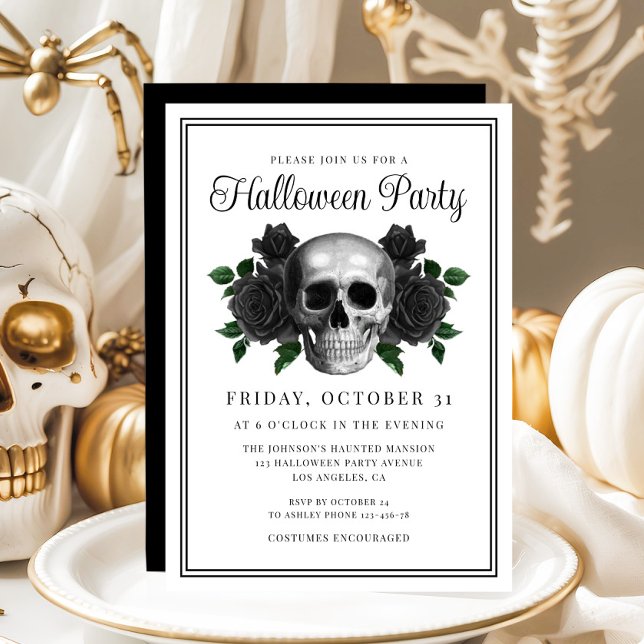 Convite de Halloween de Caveira Floral Gótica Eleg (Elegant Gothic Floral Skull Halloween Invitation)