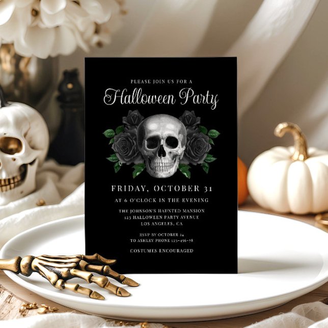 Convite de Halloween de Caveira Floral Gótica Pret (Black Gothic Floral Skull Halloween Invitation)