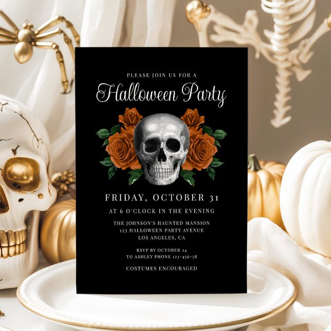 Convite de Halloween de Caveira Floral Gótica Pret (Black Gothic Floral Skull Halloween Invitation)