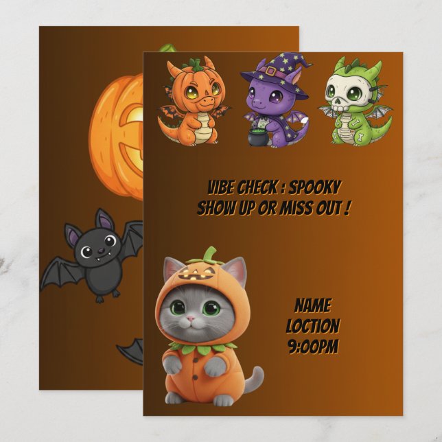 Convite de Halloween de Gato de Abóbora de Dragões (Frente/Verso)