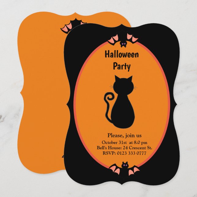 Convite de Halloween de Gato Preto & Morcegos Mode (Frente/Verso)