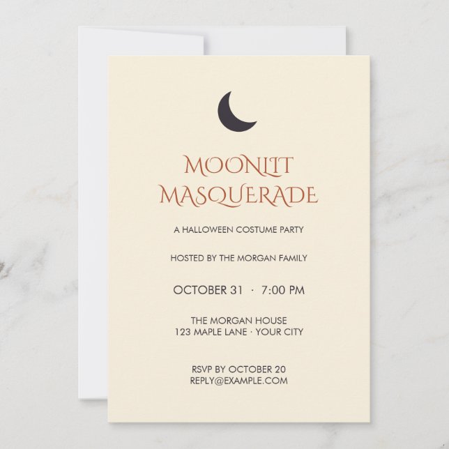 Convite de Halloween Editável Máscara à Luz da Lua (Frente)
