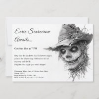 Convite de Halloween Espantalho Sinistro Preto e B