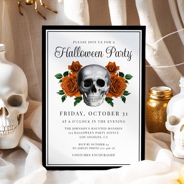 Convite de Halloween Floral Craniano Gótico (Gothic Floral Skull Halloween Invitation)