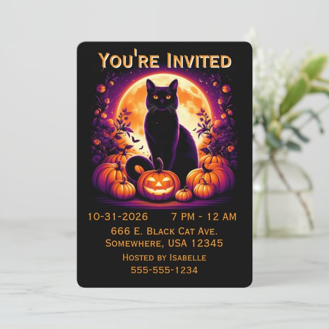Convite de Halloween Gato Preto com Lua Cheia (Em pé/Frente)