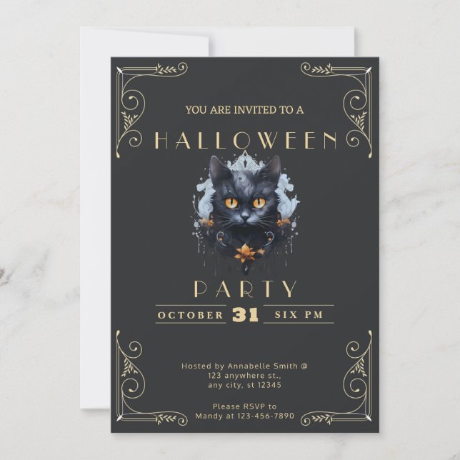 Convite de Halloween Gato Preto e Quadro Negro Dou (Frente)