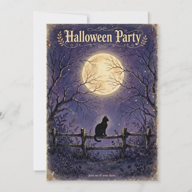 Convite de Halloween Lua Cheia Gato Preto (Frente)