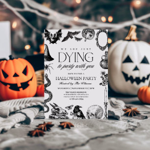 Convite de Halloween Preto e Branco Caveira Vintag