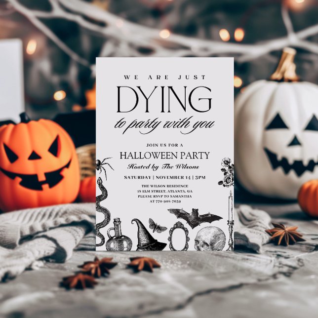 Convite de Halloween Preto e Branco Caveira Vintag (Criador carregado)