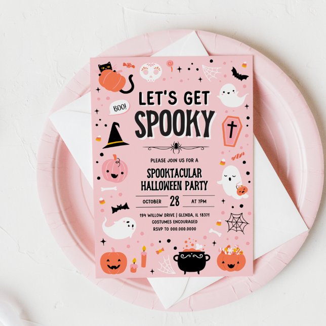 Convite de Halloween Rosa e Laranja - Vamos nos Es (Pink and Orange Halloween Invitation - Lets Get Spooky)
