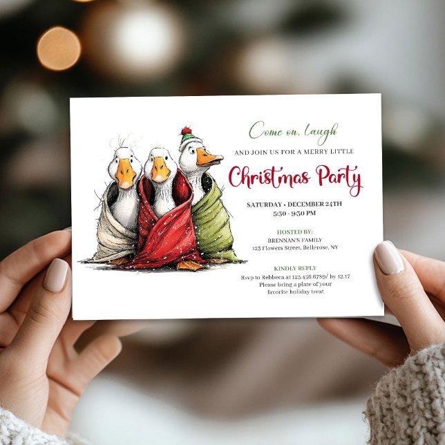 Convite de Humor de Gansos de Desenho Animado Dive (Christmas Playful Cartoon Geese Humor Invitation Fun)