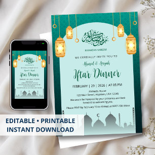 Convite de Iftar Arco Azul Turquesa com Lanternas
