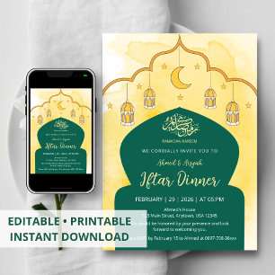 Convite de Iftar com Aquarela Amarela e Arco Verde