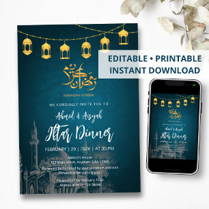 Convite de Iftar com Desenho de Mesquita à Mão e L