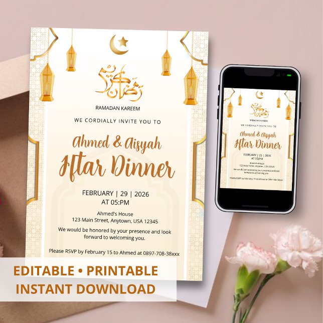 Convite de Iftar com Padrão Islâmico Elegante em C (Criador carregado)