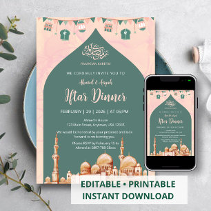 Convite de Iftar de Mesquita com Aquarela Elegante