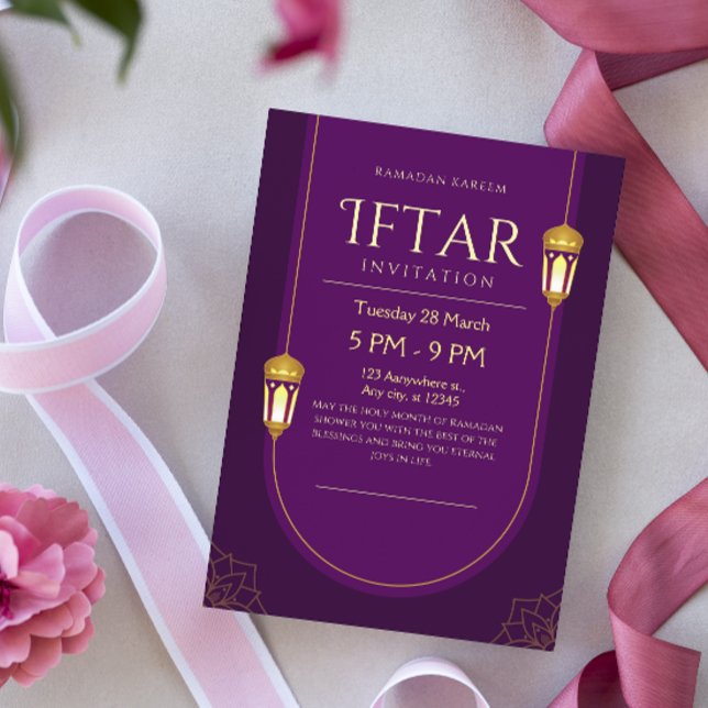 Convite de Iftar do Ramadan Dourado Roxo e Creme (Criador carregado)