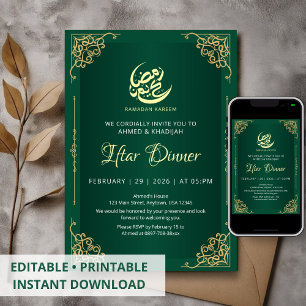 Convite de Iftar do Ramadão Verde Escuro e Dourado