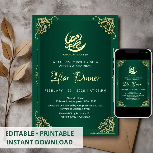 Convite de Iftar do Ramadão Verde Escuro e Dourado (Criador carregado)