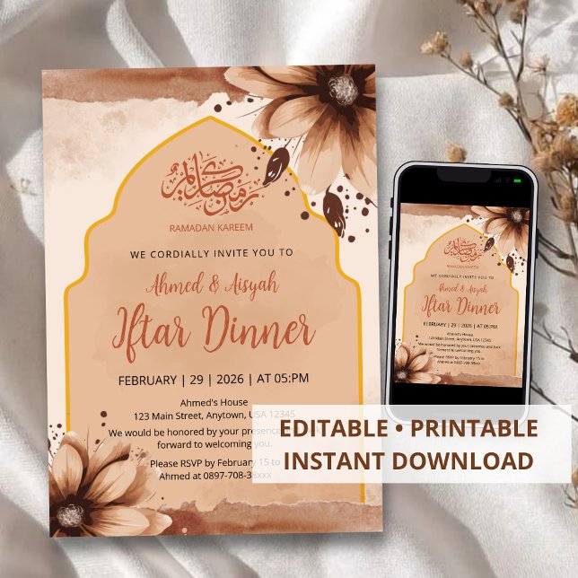 Convite de Iftar Floral Arqueado Tom Terra Moderno (Criador carregado)