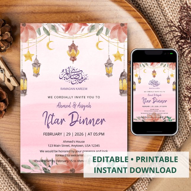 Convite de Iftar Floral Rosa Suave em Aquarela par (Criador carregado)