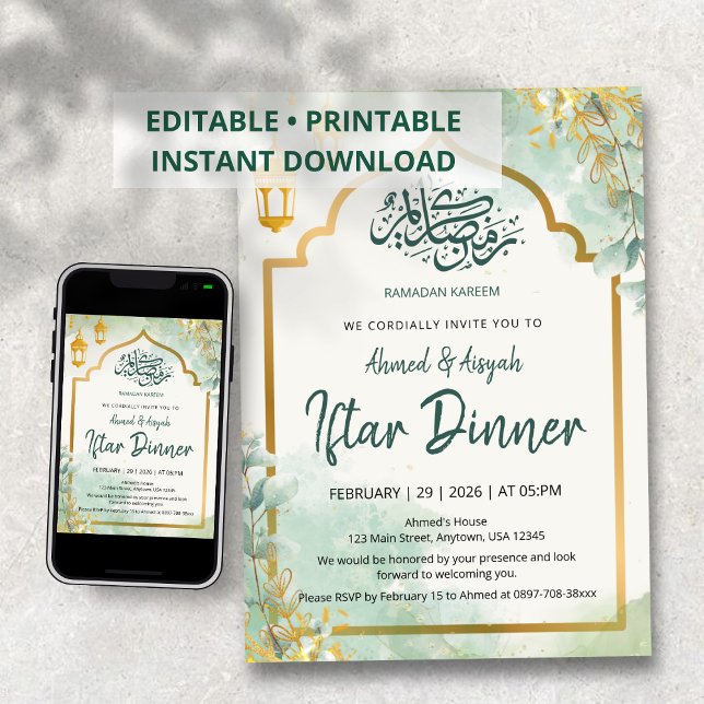 Convite de Iftar Floral Verde Sálvia Elegante (Criador carregado)