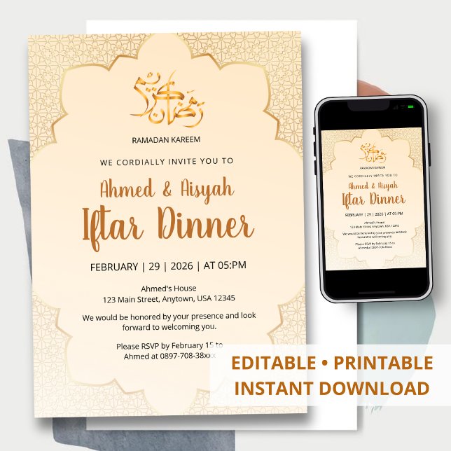 Convite de Iftar Islâmico Elegante Creme e Dourado (Criador carregado)