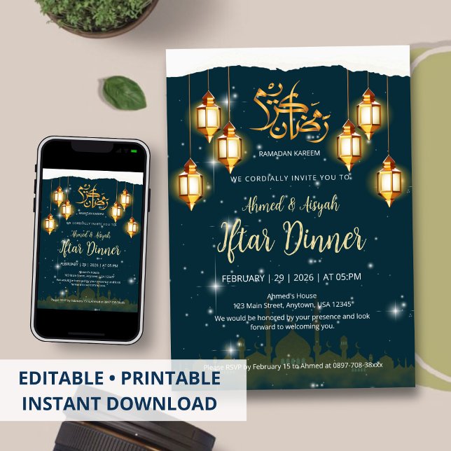Convite de Iftar Islâmico Noite Estrelada com lant (Criador carregado)