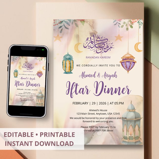 Convite de Iftar Lanternas Florais em Aquarela (Criador carregado)