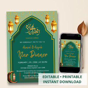 Convite de Iftar Luxuoso Verde Escuro e Dourado