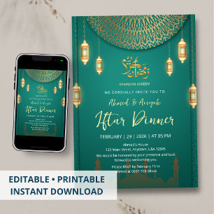 Convite de Iftar Mandala Verde Esmeralda e Dourado